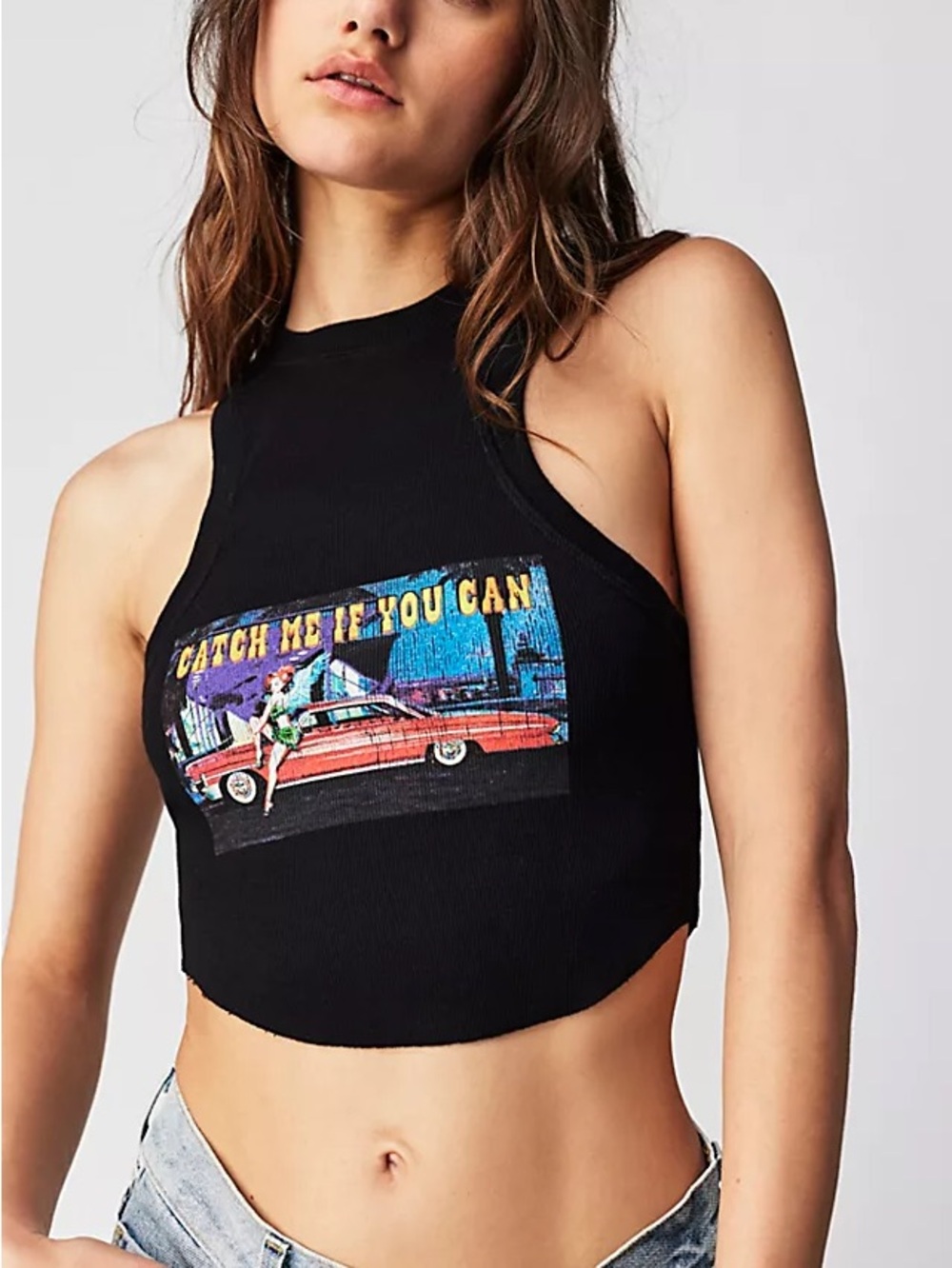 Boys Lie Black Halter Crop Top with Multicolor 'Catch Me If You Can' Graphic